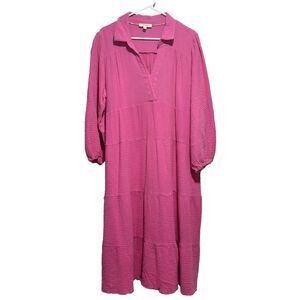 Umgee PINK Gauze Long Sleeve Collar Split Neck Tiered Maxi Dress 1XL  Bohemian